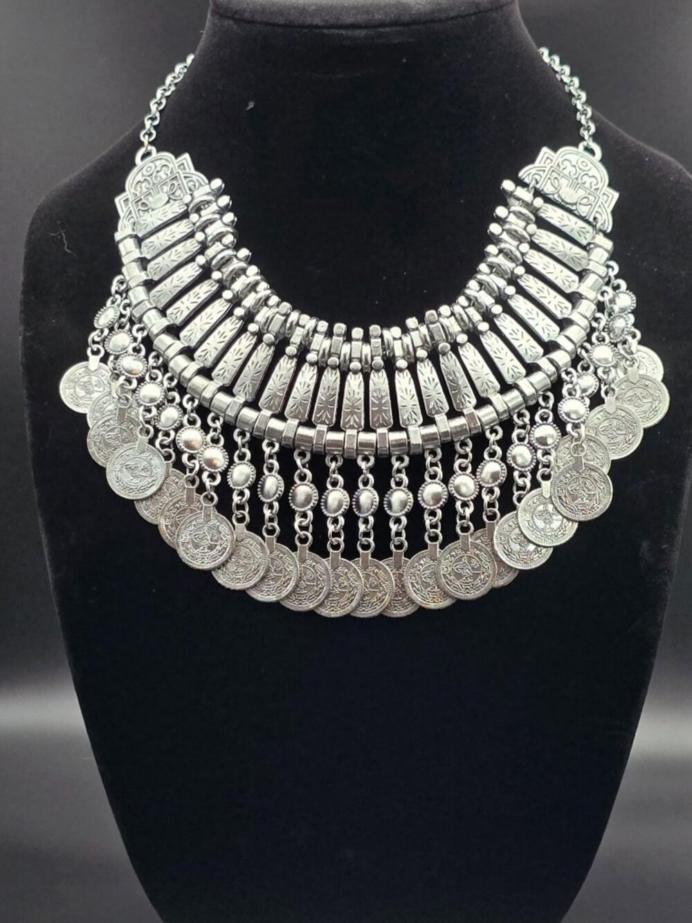 Must See Stunning Silver Tone Vintage Turkish Coin Bib Necklace